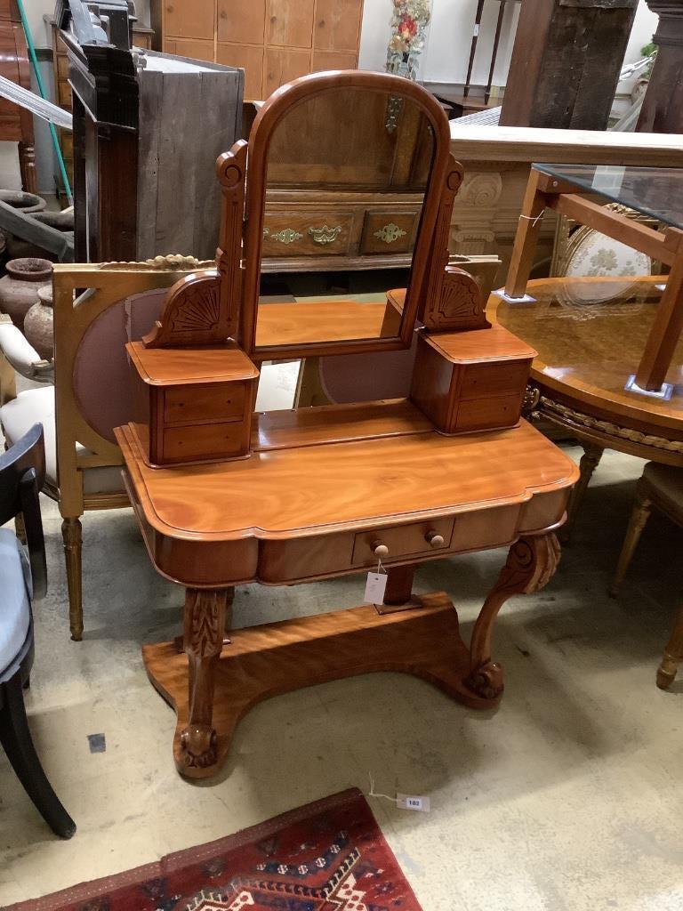 A Victorian satin walnut duchess dressing table, width 89cm, depth 44cm, height 132cm